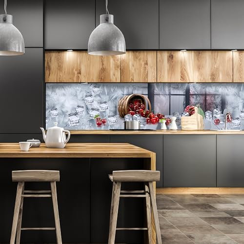wandmotiv24 Küchenrückwand Kirschen Korb EIS Kalt Frost Fenster 210 x 60cm (B x H) - Acrylglas 3mm Nischenrückwand, Spritzschutz, Fliesenspiegel-Ersatz, Deko Küche M1138