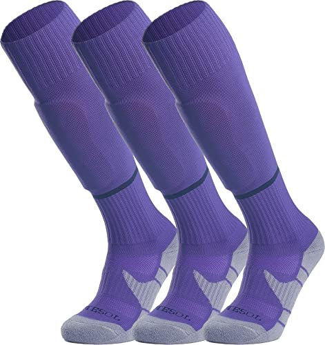 APTESOL Knielang Fußballsocken Kinder Jugend Erwachsene Lang Sportsocken Kissen Atmungsaktiv Soccer Trainingssocke (3-Paar Lila-B, EU 32-36)