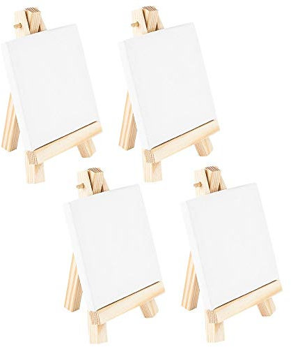 Ideen mit Herz Lot de 4 chevalets, mini, avec toiles assorties sur châssis, blancs, en bois, décoration de table, toile : 7,5 x 7,5 cm, chevalet : 12,8 x 7,5 cm