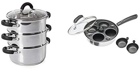 Tower Essentials Steamer Pans 3 Tier with Glass Lid, 18 cm & KitchenCraft 4 Egg Poacher Pan, Induction Safe, Carbon Steel, 21 cm