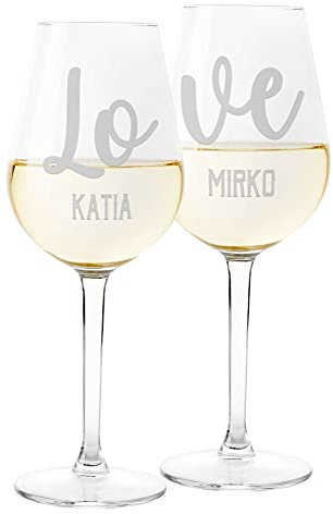 Colorfamily Coppia Calici Personalizzati Set da 2 calici Vino Personalizzati con Nome Love - Bicchiere in Vetro 500 ml
