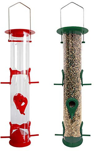 Urban Deco Hanging Plastic Tube Bird Feeder With 6 Ports - Niger Seed and Fat Ball Feeder With Steel Hanger - Weatherproof for Small Birds (Red + Green) 2 Pack