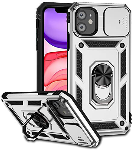 Hitaoyou iPhone 11 Case, iPhone 11 Case with Camera Cover & Kickstand Military Grade Shockproof Heavy Duty Protective with Magnetic Car Mount Holder Phone Cases for iPhone 11 Silver
