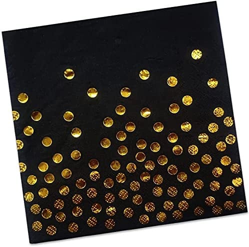 meioro Party Napkins Disposable Cocktail Paper Napkins, 2-ply Napkins,with Rose Gold Foil Polka Dot Confetti for Dinner, Wedding Shower and Birthday Decorations (40pcs, Black Paper Gold dots)