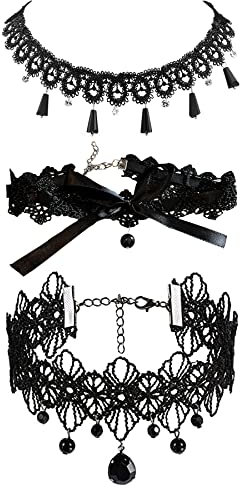 JewelryWe Schmuck 3 PCS Choker Halskette Set Schwarz Spitze Kette Stretch Samt Gothic Blumen Bogenknoten Quasten Tattoo Halsband Geschenke für Damen Mädchen