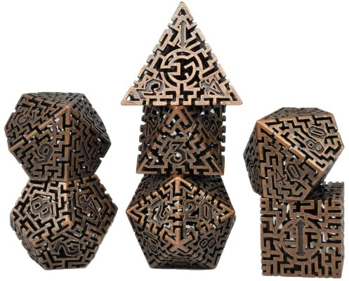World of Dice - Premium-Würfelset - edle Pen and Paper Würfel, Metallwürfel mit Labyrinth, 7-teilige Set für Dungeons and Dragons (D&D), DSA, und vieles mehr (Copper Antique)