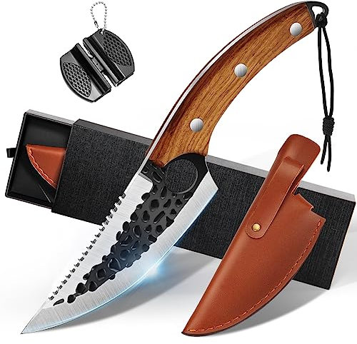 OOKUU Couteau de chef, Couteaux de cuisine forgés à la main de 5 pouces avec aiguiseur, couteaux de cuisine à désosser avec étui en cuir et lanière, ensemble de couteaux de chef