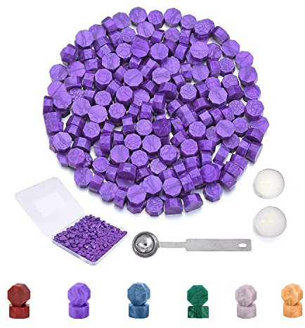 Siegelwachs, 200 Stücke Siegelwachsperlen mit Aufbewahrungsbox, Vintage Achteckig Wachs Siegel Perlen Set Mit 2 Stück Teekerzen und 1 Wachsschmelzlöffel,Siegelwachs set für Stempel Umschlägen(Violett)