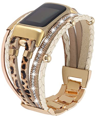 YOSWAN Lederbänder, kompatibel mit Fitbit Charge 5 Armbändern für Damen, Boho, handgefertigt, mehrschichtig, Schmuckarmband, Ersatz für Fitbit Charge 5 Fitness-Tracker (brauner Leopard)