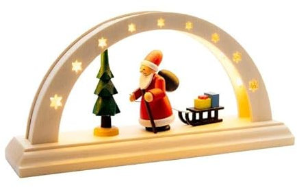 Rudolphs Schatzkiste Schwibbogen Weihnachtsmann mit Schlitten mit LED Beleuchtung BxHxT 24x12x6cm NEU Lichterbogen Fensterbogen Spitzbogen Erzgebirge Weihnachten Bergbau Bergmann Licht Holz