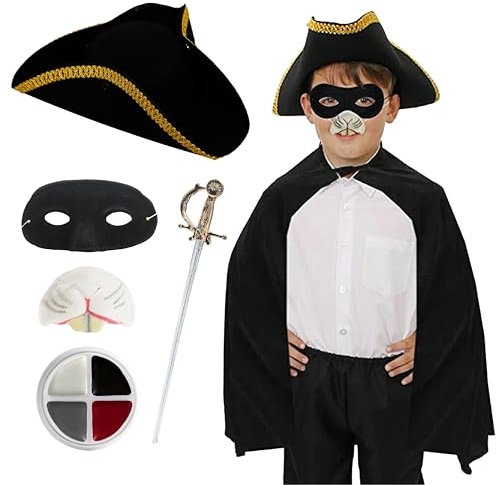 Kids Highwayman Rodent Costume – Includes Black Cape, Tricorn Hat, Rat Nose, Eyemask, Plastic Sword & Face Paint – Perfect for World Book Day, Halloween and Dress-Up Fun