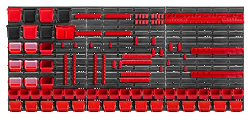 KADAX Werkzeugwandregal Groß, 174x78cm Lagersystem aus robustem Kunststoff, UV-Resistentes Modul-System, Erweiterbare Wandplatten, Werkstattregal für Garage (Rot, 100 TLG.)