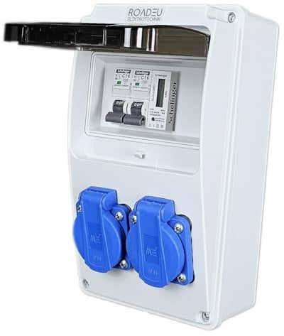 RoadEu - Répartiteur de Courant 230V avec Compteur - 2x Prises avec Disjoncteurs C16A. Compteur électrique numérique