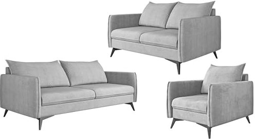 S-Style Möbel Nina Sofagarnitur 3 2 1 Polstergarnitur Couchgarnitur Couch-Set 3-Sitzer Sofa 199x91x86cm 2-Sitzer Sofa 138x91x86cm Sessel 74x91x86cm Schwarze Metallfüße Silber