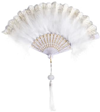 1920s Vintage Feather Fan Embroidered Flower Marabou Feather Fans Folding Handheld Fan with Tassels Roaring 20s Vintage Style Flapper Hand Fans for Gatsby Party Costume Dancing Tea Party White