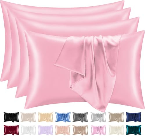 Lazzaro Satin Silk Pillowcases for Hair and Skin - Hypoallergenic Silk Pillow Cases 4 Pack with Envelope Closure - Ultrasoft Standard Size Pink Silk Pillowcases (50 x 75 cm)