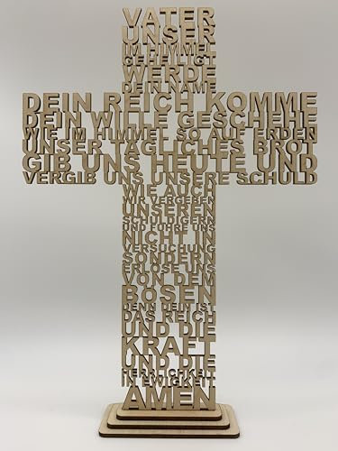 Busch Manufaktur Vater Unser Gebet aus Holz Kreuz geschnitten mit Sockel Geschenk Taufe Konfirmation Kommunion Wandschmuck Wandkreuz 28cm x 21cm Deutsch