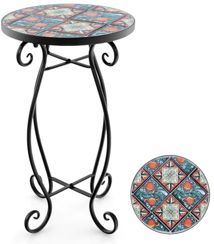 GOPLUS Mosaik Beistelltisch, Ø30/35cm runder Gartentisch mit Metallgestell, Blumenhocker Blumenregal mit Mosaikplatte, Retro Mosaiktisch für Balkon & Terrasse (Grün&Rot, Ø30cm)