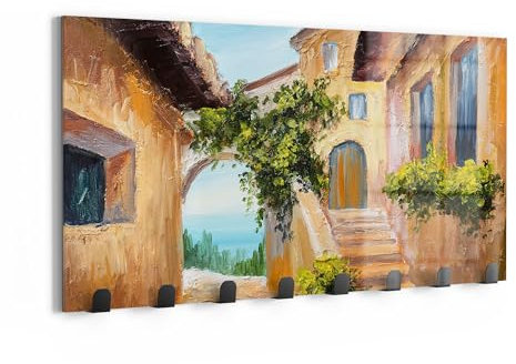 DEQORI Wandgarderobe Glas & Metall | Motiv Sonnige Gassen | 60x30 cm | Design Haken-Leiste modern | Garderoben-Paneel für Flur, Wohnzimmer & Schlafzimmer | magnetisch & beschreibbar