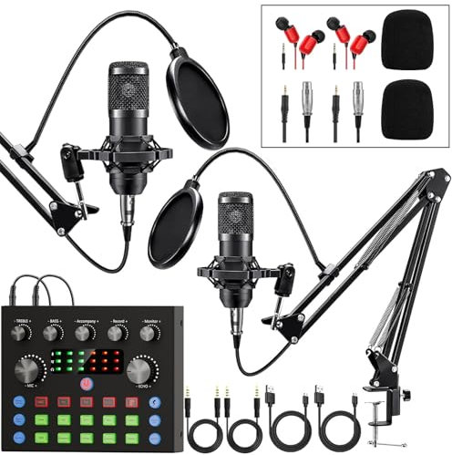 Pacchetto di apparecchiature Podcast per 2, interfaccia audio con microfoni a condensatore a commutatore vocale per Gamer, mixer audio All-in-One perfetto per streaming in diretta, YouTube (Nero1)