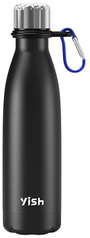 YISH Bouteille Isotherme Gourde Thermos:Gourde Isotherme,Thermos Acier Inoxydable 500ml,Sans BPA,avec Mousquetons,10h Froid/Chaud,pour Sport,Gym,Cyclisme,Randonnée,Voyage,Bureau,École,Noir