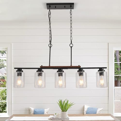 HvKvHvY 5 Light Chandelier, E27 Vintage Rustic Ceiling Light, Industrial Metal Glass Hanging Pendant, Matte Black for Farmhouse Dining Room Bedroom Hallway Kitchen
