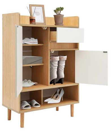 HuKaiL Scarpiera stretta con 1 cassetto e 2 ante, armadietto multiuso Shoe Cabinet con gambe da 12 cm, per ingresso, guardaroba, soggiorno, 60 x 32 x 90 cm, colore legno ciliegio