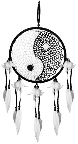 Traumfänger großer Dreamcatcher Ying Yang 22 cm Ringdurchmesser, handgefertigt, gehäckelt, schwarz weiß