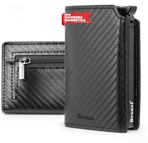 Bronzi Portafoglio Portafoglio Uomo Slim - In Pelle Marrone - Porta Carte Credito - Portacarte uomo - Mini Porta Tessere (𝐌𝐀𝐆𝐍𝐄𝐓𝐈𝐂 𝐂𝐀𝐑𝐁𝐎𝐍.)