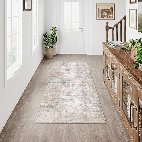 HUGEAR Beige Blau Läufer Flur Teppich 60x180cm Waschbarer | Waschbarer Modern Abstrakter Läufer, Rutschfest, Kurzflorig, Weich, für Flur, Küche, Teppichflur, Schlafzimmer