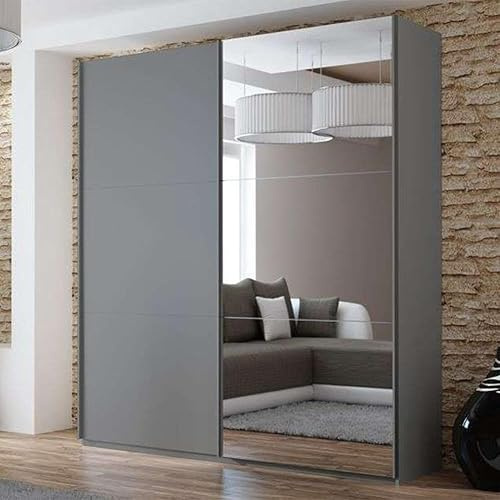 Gaba furniture Premium V1 200 cm Graphite Sliding Door Wardrobe with Mirror Widths 122/150/200/250 cm Living Room Wardrobe with 2 Hanging Rails Colours White/Black/Graphite