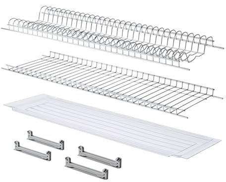 MAKKIORI Kit Scolapiatti | Griglia piatti e bicchieri con Vaschetta Raccogligoccie per Pensili Cucina | Acciaio cromo | Kit con Staffe (86 cm per pensile 90)