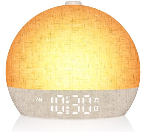 ARUQO Sunrise Alarm Clock Wake Up Light,White Noise Machine with 30 Soothing Sounds,12 Color Lights,Sleeping Timer, Stepless Dimmer Digital Bedside Lamp, Alarm Clock for Heavy Sleepers (Yellow)