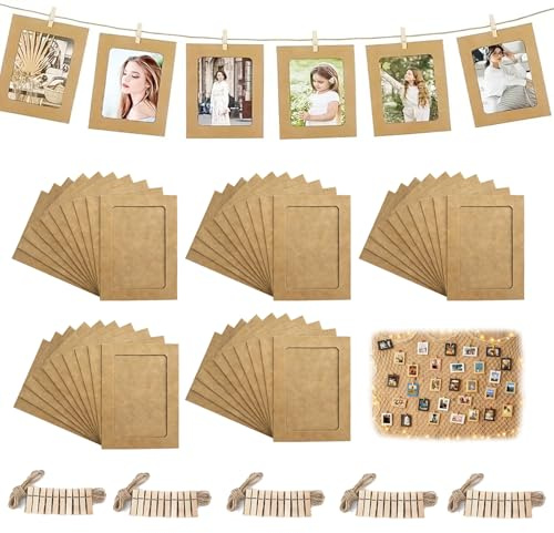 Hexizexi 50 Stück 4 Zoll Papier Bilderrahmen 11.4x9.4cm Braun Fotogirlande | Fotogirlande mit 50 Holzklammern und 5 Rollen Hanfschnur Fototaschen zum Aufhängen für Geburtstage Hochzeiten Wanddekoration