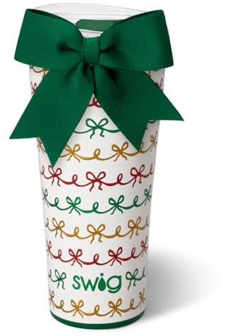 Swig Life 32oz Insulated Tumbler with Lid, Christmas Bows | Triple Insulated Stainless Steel - Lid Included - Keeps Drinks Cold or Hot - Cup Holder Friendly - Dishwasher Safe