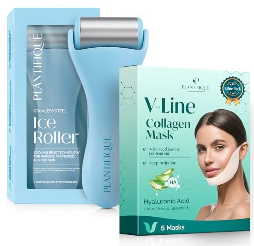 PLANTIFIQUE Skincare Ice Roller - Massager en Métal pour Visage, Yeux et Corps & Double Menton Masque Visage V-Line 5 - Jawline Shaping Masks