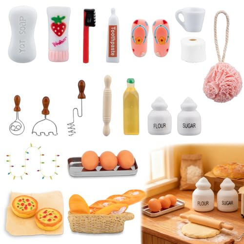 Wichtel Zubehör, 27 Stück Miniatur Wichteltür Zubehör Set mit Wichtel Lichterkette, Badeset, Backset, Wichtel Zubehör Weihnachten Komplettset für Wichteltür Deko, Puppenhaus Zubehör