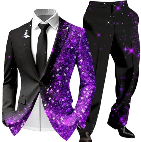 Foweknow Costume de Noël pour homme 2 pièces moche costume de Noël imprimé 3D veste de costume et pantalon de costume ensemble complet tenue de fête de Noël costume de fête slim fit pour homme