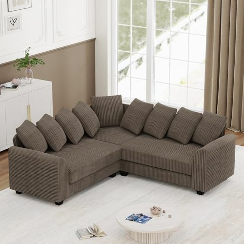 FammyLoft Ecksofa Sofa mit Lenkenkissen, Sofa L Form mit Schlaffunktion, Schlafcouch mit Massivholzrahmen, Cloud Couch, Gemütliches Big Sofa, für Wohnzimmer und Home-Office, 202cm, Braun