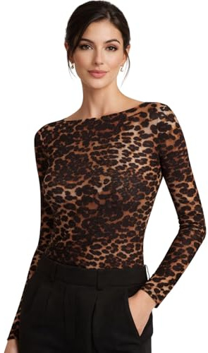 LADY·C Maglietta Donna Maniche Lunghe in Modal e Cashmere Scollo Barca Morbida Calda - Effetto Seconda Pelle - Leggera Ultralight - Intimo Avvolgente (IT, Testo, M, Regular, Regular, Leopardo)