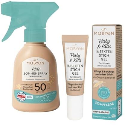 MABYEN Sommerhelden Set, Mineralisches Sonnenspray LSF 50, Insektenstichgel | 100% mineralische Sonnencreme, Zinkoxid Filter, SOS-Insektenstichgel, parfümfrei, alkoholfrei, ab Geburt geeignet