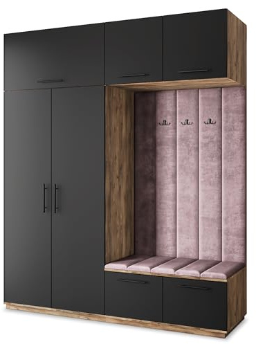 Masseno Flugarderoben Set Rema, Kleiderschrank-Set mit Sitzbank, Garderobenschrank Flur mit 5 Regalböden, Eiche Lefkas/Schwarz