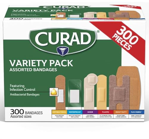 CURAD Assorted Bandages Variety Pack, 300 Count, 6 Styles Including Antibacterial Waterproof, Sheer, Plastic, Heavy Duty & Flex-Fabric, Protects Scrapes, Cuts & Burns, Latex-Free
