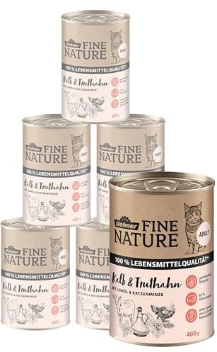 Dehner Fine Nature Katzenfutter, Nassfutter getreidefrei, für ausgewachsene Katzen, Kalb / Truthahn, 6 x 400 g Dose (2.4 kg)