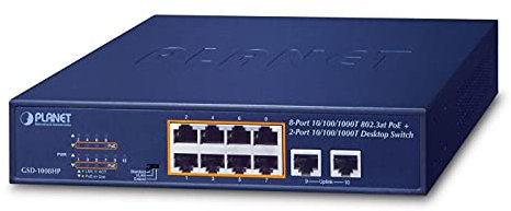 PLANET 8-Port 10/100/1000T 802.3at PoE + 2-Port 10/100/1000T, GSD-1008HP (PoE + 2-Port 10/100/1000T Desktop Switch (120W PoE Budget, Standard/VLAN/Extend Mode, 10-inch and Rack-mou)