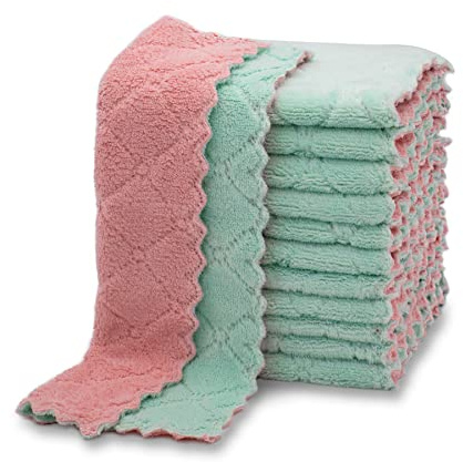kimteny 12 Pack Kitchen Cloth Dish Towels, Premium Dishcloths, Super Absorbent Coral Velvet Dishtowels, Nonstick Oil Washable Fast Drying (Pink-Green)