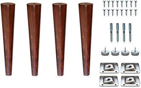 8’’ Wooden Tapered Cone Furniture Replacement Legs Walnut M8 Thread Angled Mounting Plates Protective Felt Pads Set of 4 Legs for Sofa Cabinet Footstool Chair Bed Ottoman 20 cm