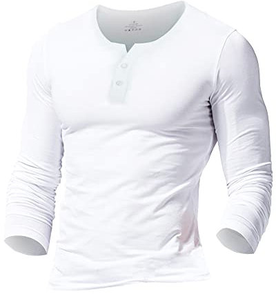 Mens Long Sleeve Henleys T-Shirts Buttons Placket Plain v Neck Cotton Shirts Cotton Style B White XL