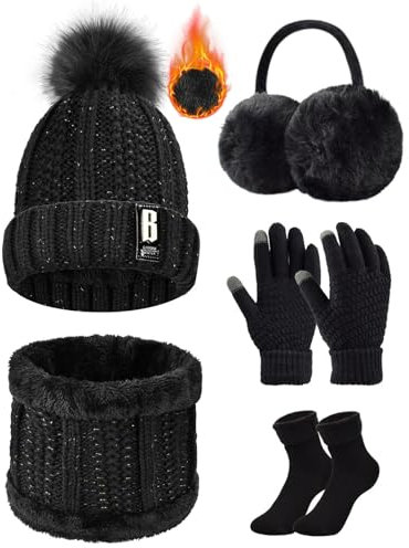 Tuopuda Wintermütze Handschuhe Damen Warme Beanie Winter Mütze Strickmütze Schal Gestrickte Handschuhe Verdickte Socken Plüsch Ohrenschützer Kombi Set Geschenk für Outdoor Sport Wärmen, Schwarz