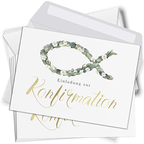 10 Einladungskarten Konfirmation mit Umschlägen Motiv Fisch Einladung weiss Karten zur Feier Jungen Mädchen rosa blau